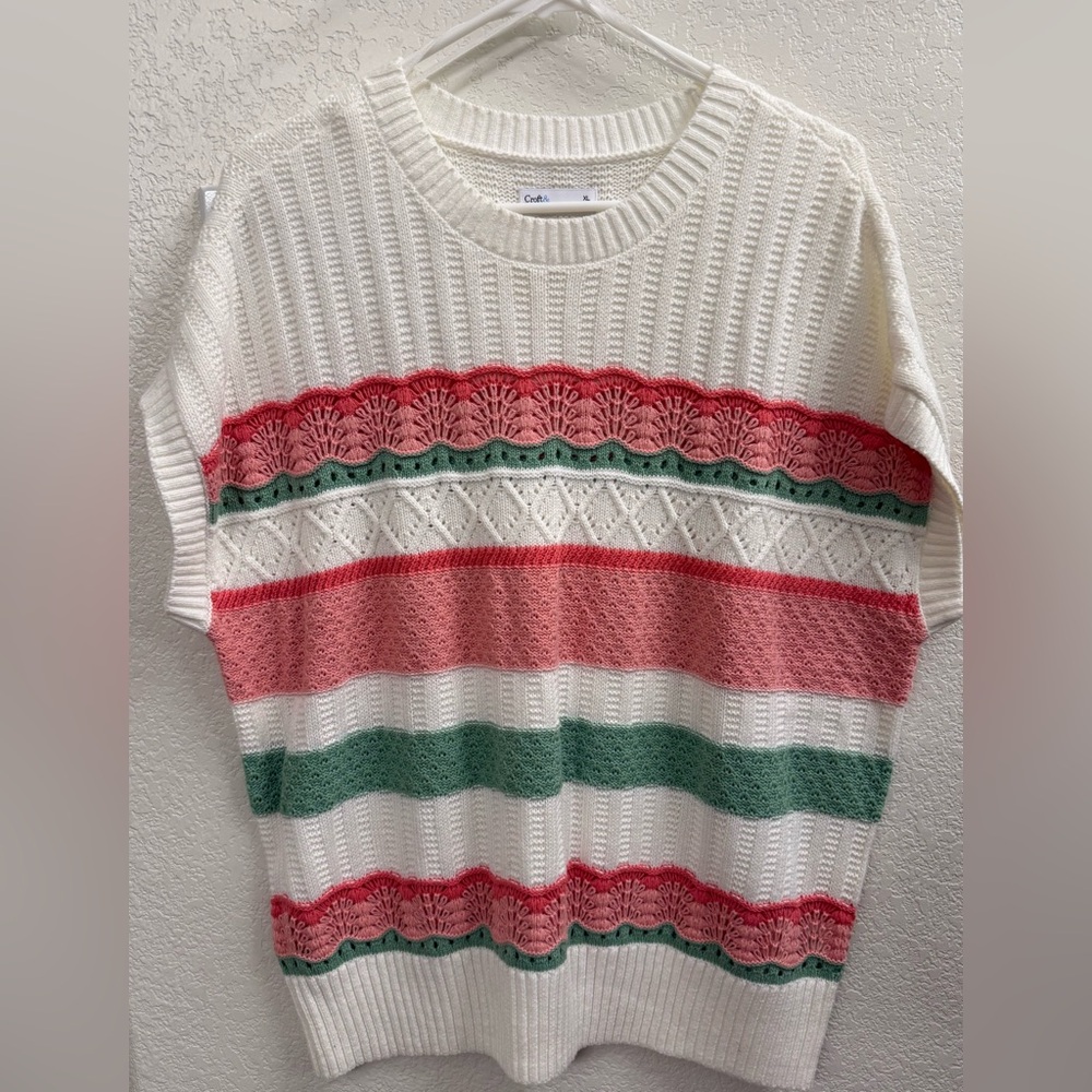 Croft & Barrow White, Pink, and Green Patterned Sweater